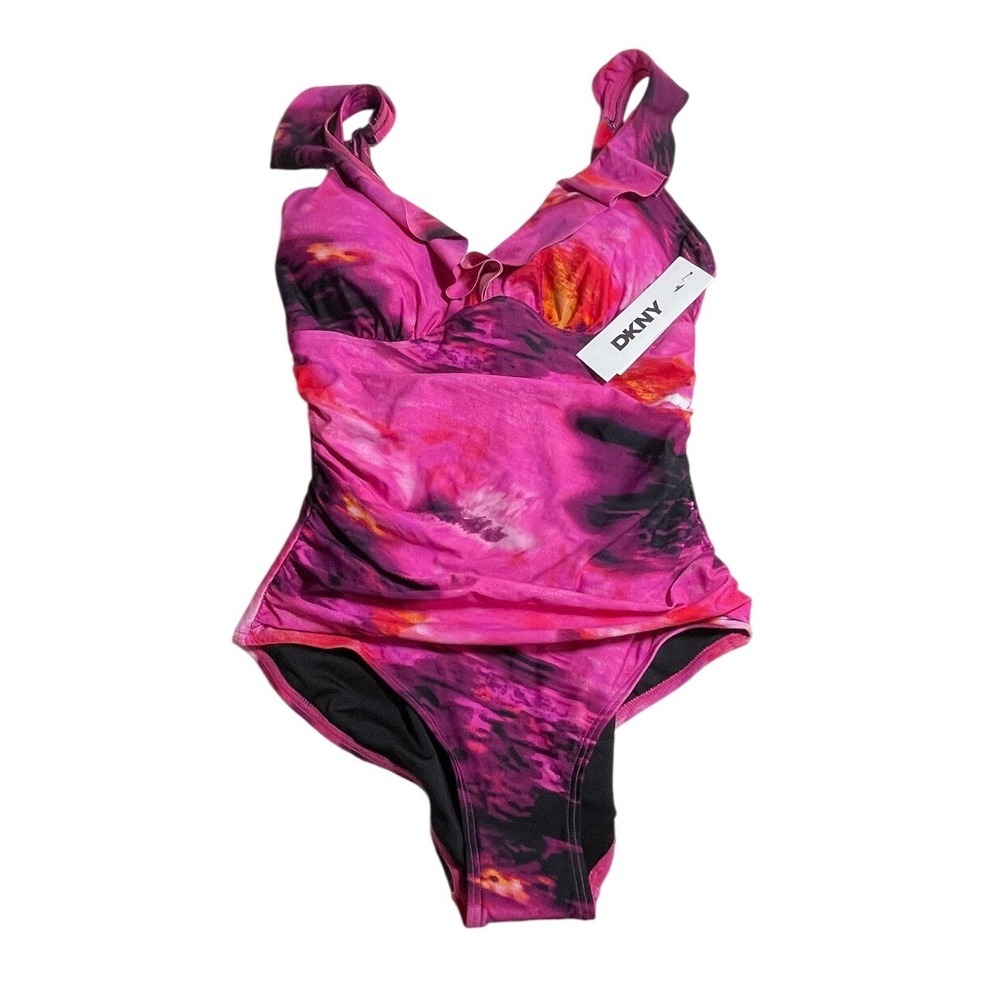 DKNY Womens Pink Abstract Watercolor Ruffle One Piece Swimsuit Underwire M NEW